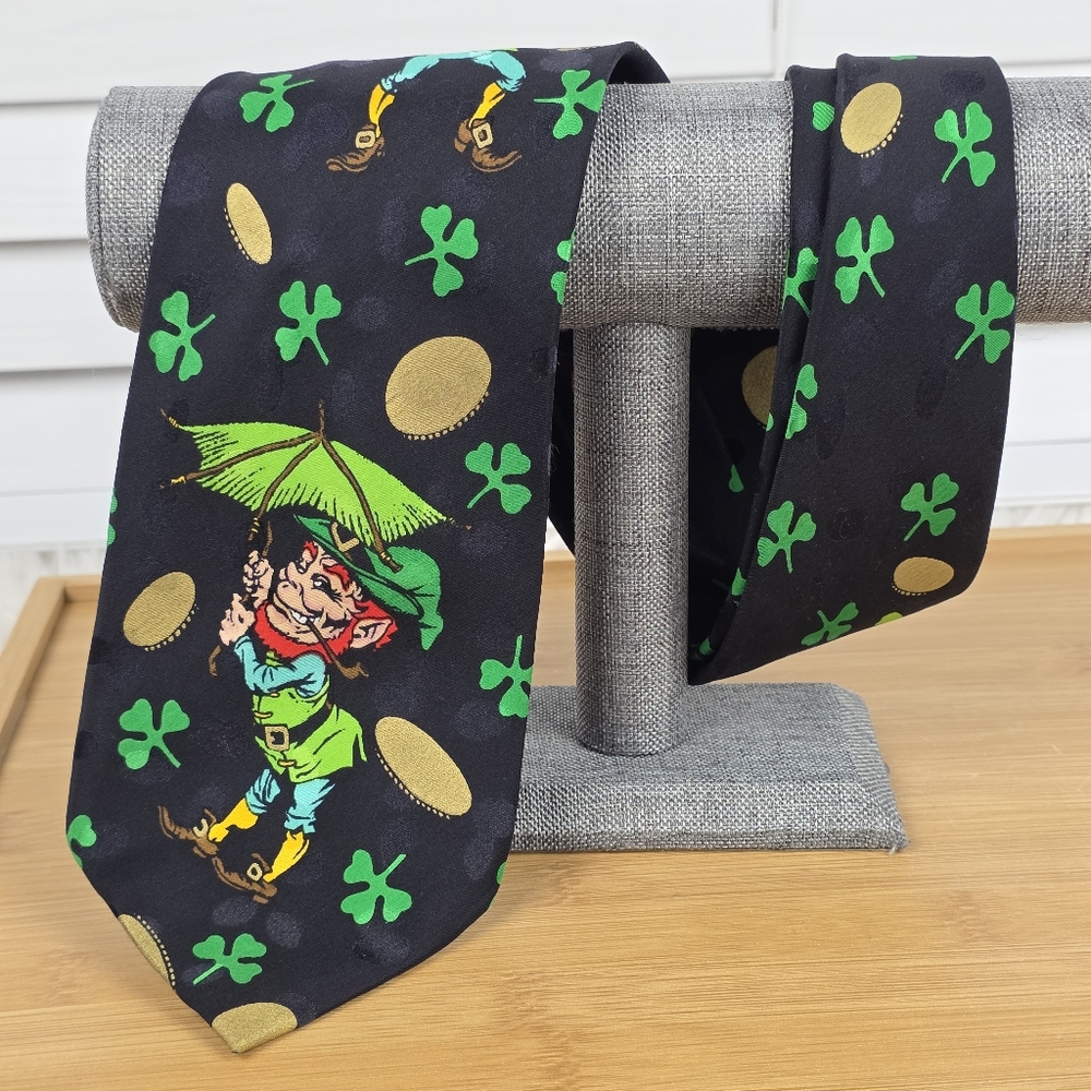 Black Silk Tie with Leprechaun and Shamrock Design By Addiction